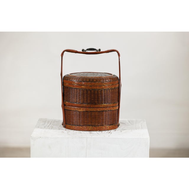 Vintage Chinese Woven Food Box with Painted Wood Bands, Double-Handled Carrying For Sale - Image 17 of 18