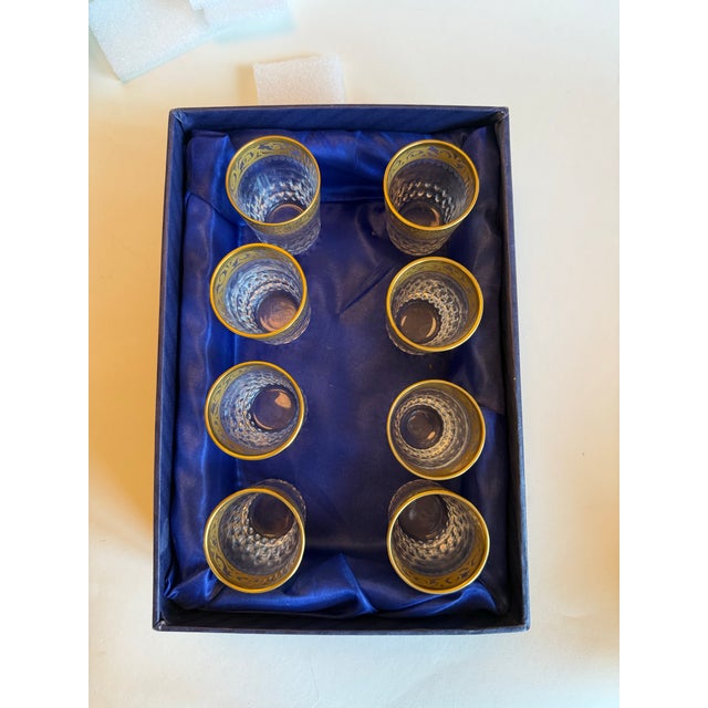 French Early 20th Century Saint-Louis “Thistle Gold” Crystal Cordial Glasses – Boxed Set of 8 For Sale - Image 3 of 7