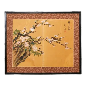 Asian Two Panel Table Screen Flowering Prunu With Songbird