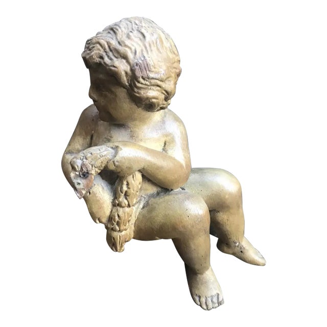 C1800 Antique French Renaissance Style Carved Wood Cherub Figure Holding His Fish - Sculpture For Sale