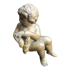 C1800 Antique French Renaissance Style Carved Wood Cherub Figure Holding His Fish - Sculpture