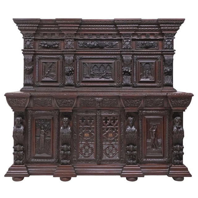 Remarkable 1900's Antique Monumental, English Gothic, Elizabethan Revival, Carved Oak Sideboard!! Monumental Antique...