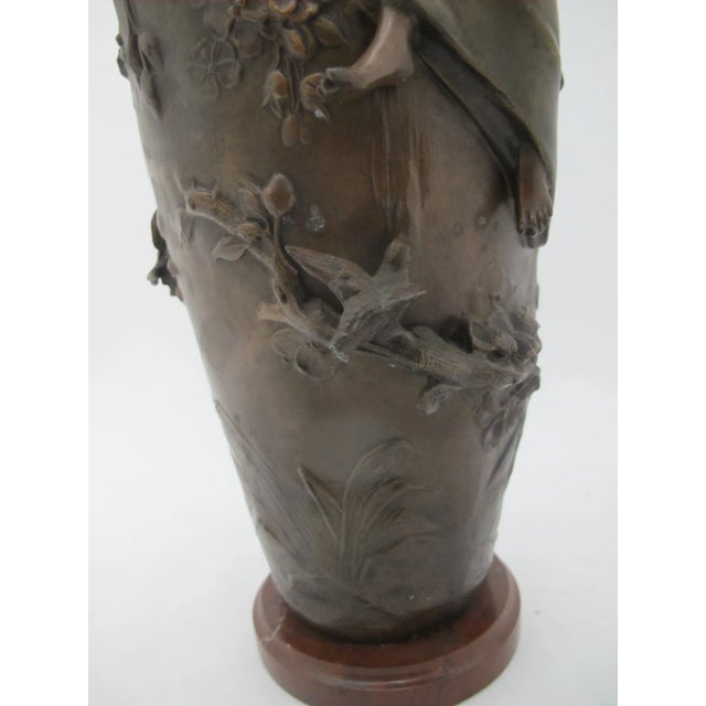 Francois Moreau Signed Female Figural Bird & Flower Art Nouveau Bronze Vase Pair For Sale - Image 14 of 17