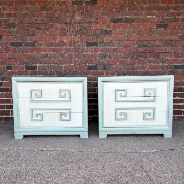 Offered is a beautiful pair of Kittinger three-drawer chests featuring the iconic Greek Key motif. These well-crafted...