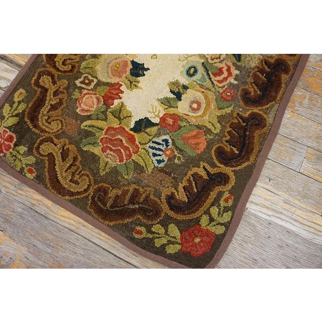 1890s Brown Roses Folk Art Antique American Hooked Rug 1'8" X 3'4" Knotted Wool Carpet For Sale In New York - Image 6 of 10