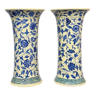 1990s Pair of Blue & White Floral Ceramic Trumpet Vases For Sale