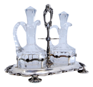 Silver Cruet Set with Cut Glass Cruets and Shells Embossed Base, Set of 3
