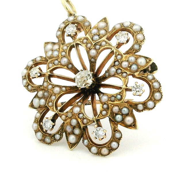 Late 19th Century Victorian 14k Gold Diamond and Seed Pearl Convertible Pendant Brooch For Sale - Image 13 of 17