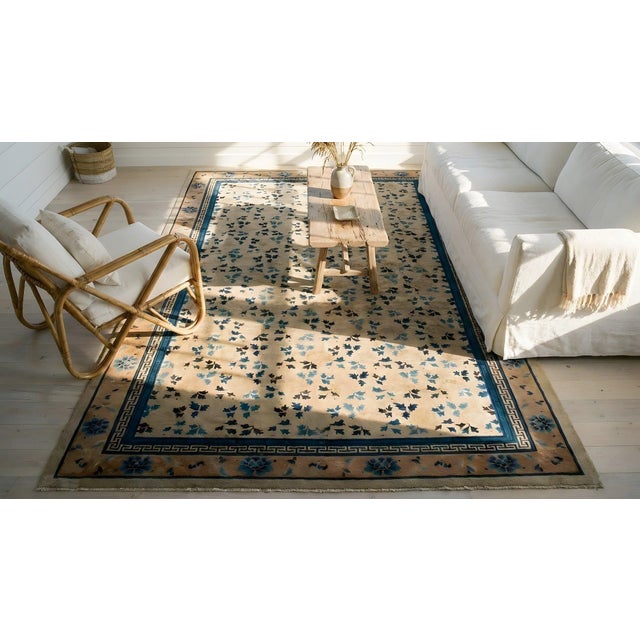 Textile Majestic Ivory and Blue Color With Leaves and Flower Design Antique Chinese Peking Rug For Sale - Image 7 of 9