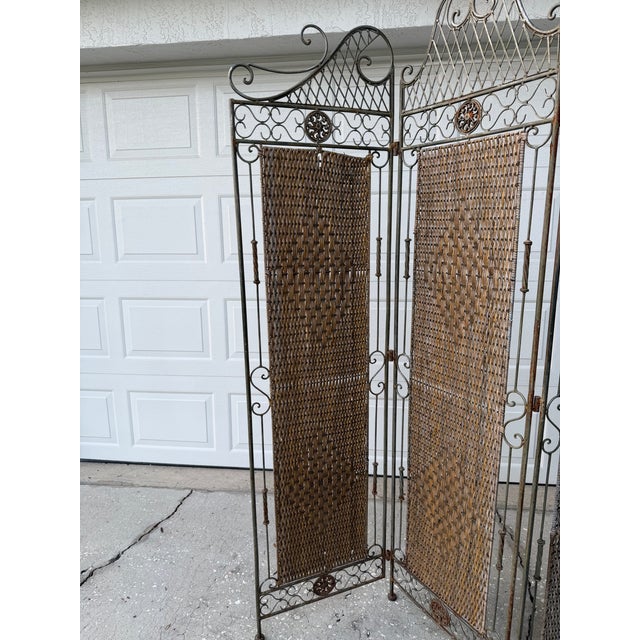Vintage Wrought Iron & Woven Rattan Folding Room Divider Screen For Sale - Image 12 of 12