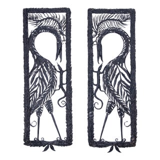 Art Deco Panels with Cranes and Lizards in Wrought Iron, Belgium, 1920, Set of 2 For Sale