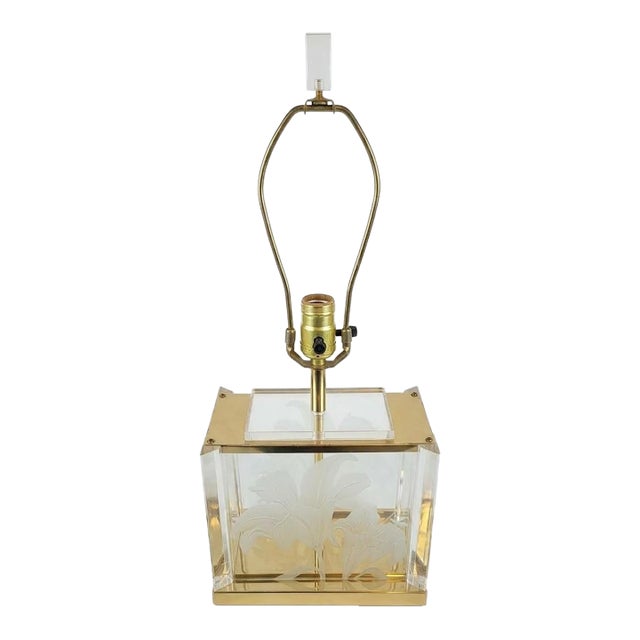 Fredrick Ramond Signed Lucite & Brass Etched Lily Table Lamp Base With Original Finial 1980s For Sale