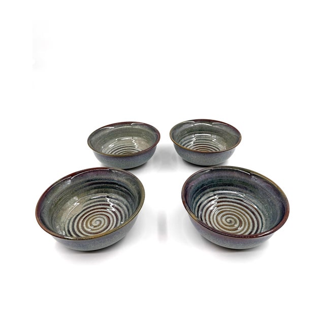 Vietnamese Dual-Glaze Stoneware Ceramic Soup Bowls With Spiral Motif - Set of 4 For Sale - Image 4 of 7