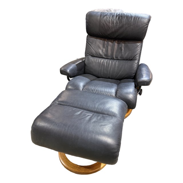 Ekornes Black Leather & Wood Frame Chair and Ottoman For Sale