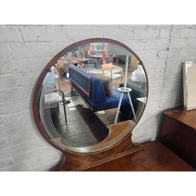 1930s 1930s Art Deco Waterfall Burl Wood Vanity With Circular Mirror For Sale - Image 5 of 12
