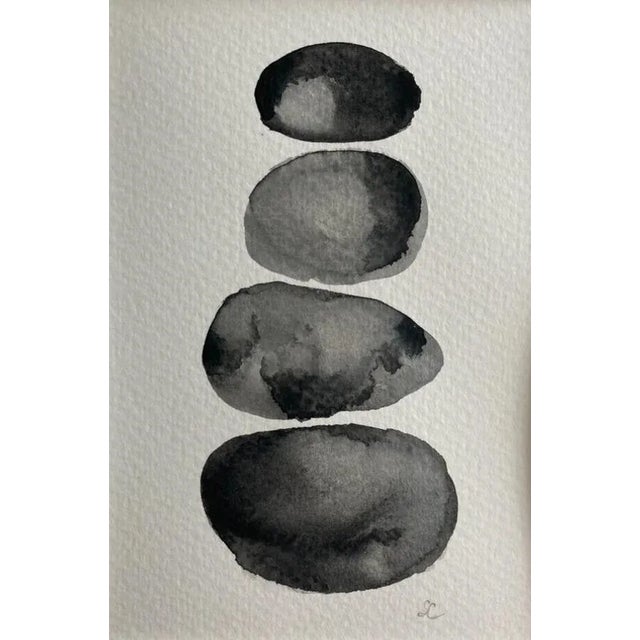 "River Rocks #1" Original black and white watercolor of river rocks on paper. Signed and framed.