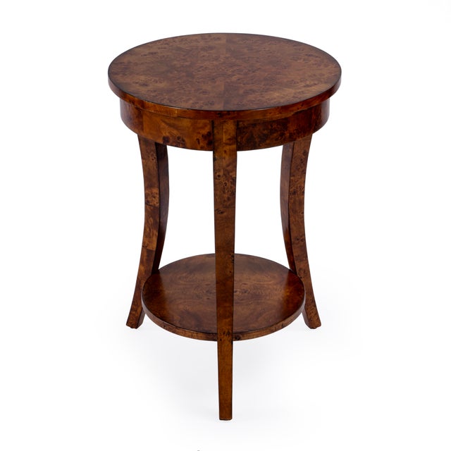 Spritely Home Accent Furniture Holdin 18 in. W Round Wood Side Table with Lower Open Shelf, Traditional Burl For Sale - Image 4 of 9