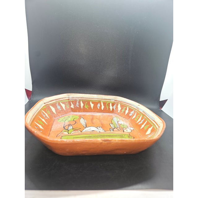 Mexican Vintage 50s Mexican a.b. Tlaquepaque Redware Handpainted Terra Cotta Lg Dish W Rabbit For Sale - Image 3 of 5