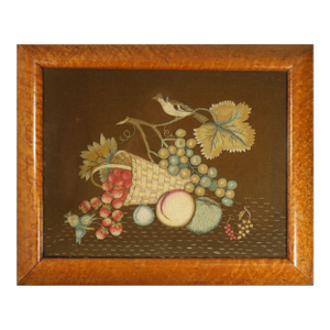 Antique Woolwork Embroidery With Fruit Basket and Bird
