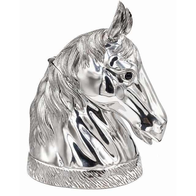 A beautiful equestrian champagne cooler in the form of a horse's head with silver tone finish. Details: -Vintage...