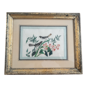 19th Century Chinese Export Watercolor Rice Paper Painting in Lemon Gold Frame