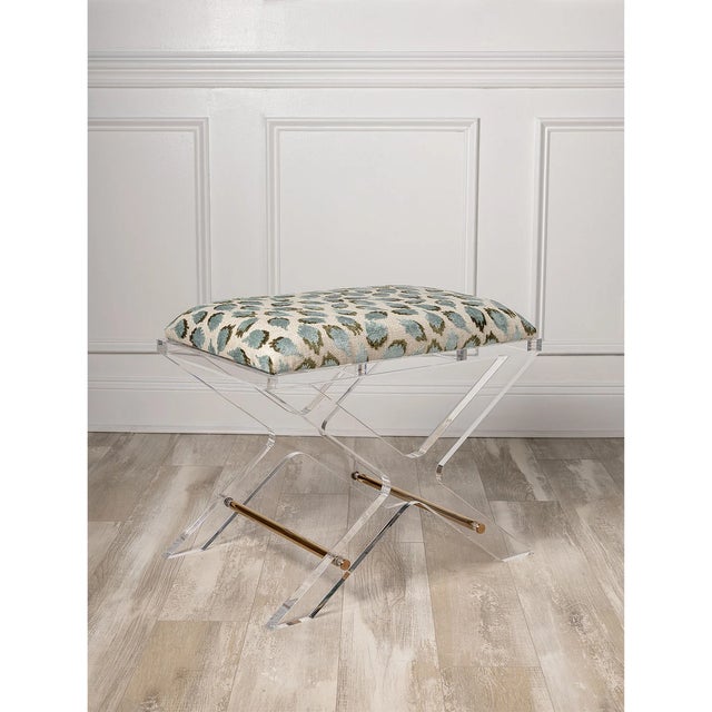 Mid-Century Modern Delano Gold Ocelot Celadon Lucite X-Bench For Sale - Image 3 of 6