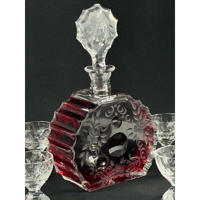 Glass Vintage Art Deco Cut Crystal Decanter and Six Cordial Glasses, 1930s, Set of 7 For Sale - Image 7 of 17