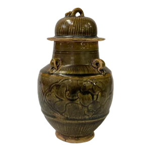Chinese Ware Brown Glaze Pattern Ceramic Jar Vase Display Art