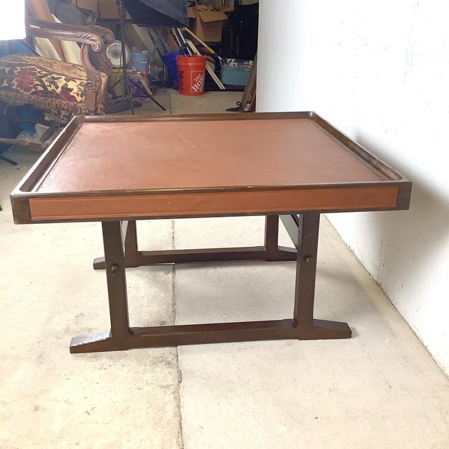 Mid 20th Century Vintage Studio-Made Square End Table With Cognac Leather Inset Top & Architectural Trestle Base, Mid-Century For Sale - Image 5 of 18