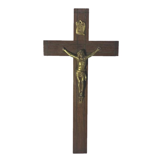 Art Deco Crucifix: Gold Gilt Jesus, Walnut Cross (9.75" Tall) For Sale