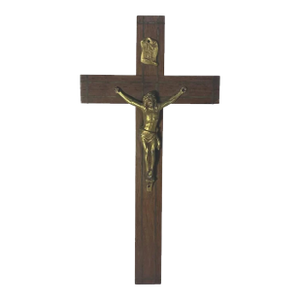 Art Deco Crucifix: Gold Gilt Jesus, Walnut Cross (9.75" Tall)