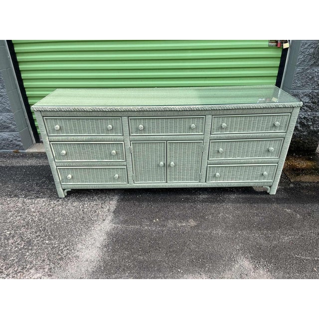 Lexington Furniture Henry Link Lexington Coastal Wicker Dresser and Mirror Set Circa 1980s - Newly Painted in Sage For Sale - Image 4 of 8