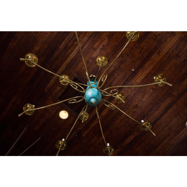 Large Department Store Chandelier, Robin's Egg Blue and Brass For Sale In New York - Image 6 of 9