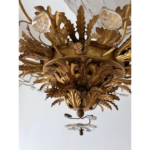 Gold Flush Mount Maison Baguès Crystal Flowers Leaves Chandelier 15 Lights Signed For Sale - Image 8 of 11