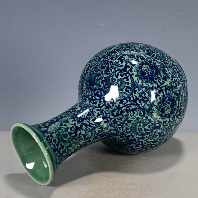 Vintage Chinese Celadon Ground Blue & White "Lotus Scroll" Vase, Yongzheng Mark For Sale - Image 4 of 9