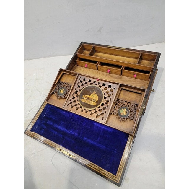 Antique Italian Mahogany Inlaid and Hand Painted Angled Lap Desk For Sale - Image 4 of 10
