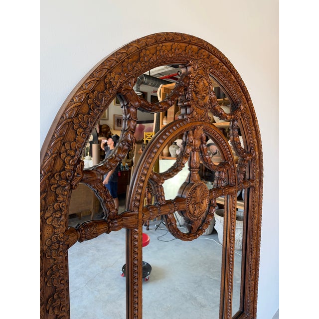 Rustic European Large John Richard Hand-Carved Walnut Arched Wall Mirror With Ornate Garland Motif For Sale - Image 3 of 12
