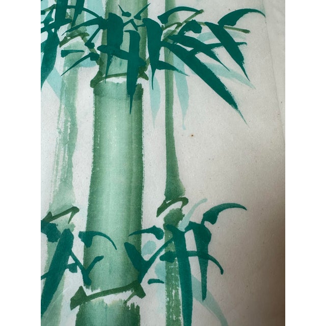 Green Vintage 1980 Original Bamboo Watercolor Ink Feng Shui Painting Signed, Framed For Sale - Image 8 of 9
