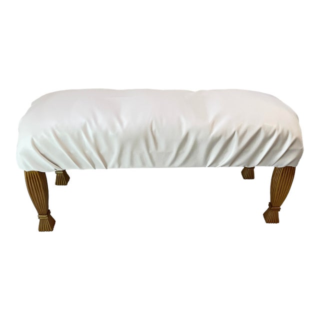 Large White Leather Gold Wood Bench For Sale