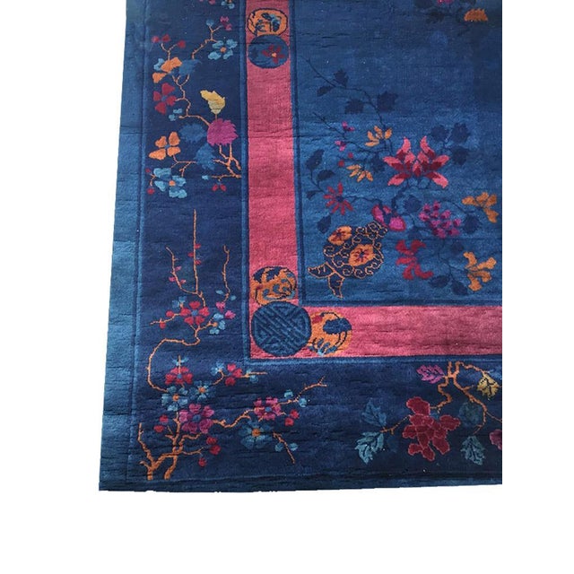 Early 20th Century 1920s Blue Floral Antique Chinese Rug 9' 0" X 11' 8" Handknotted Wool Carpet For Sale - Image 5 of 5