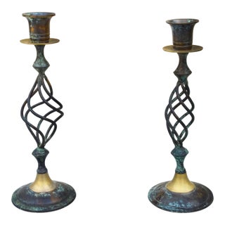 Mid 20th Century Handcrafted Americana Brass Candleholders- S/2 For Sale