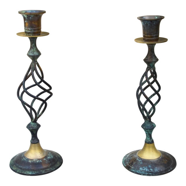 Mid 20th Century Handcrafted Americana Brass Candleholders- S/2 For Sale