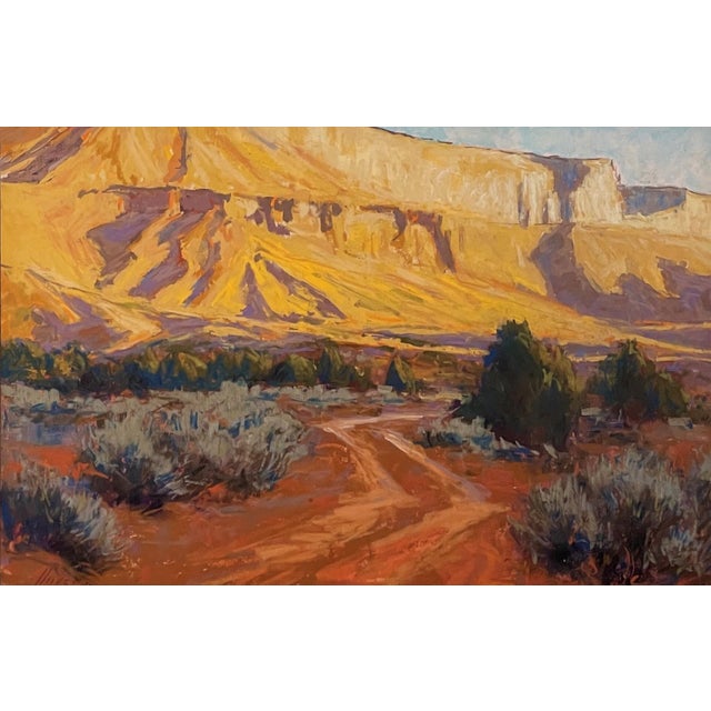 Road to Castle Valley by Lorenzo Chavez | Pastel Landscape with a dirt road and mountains For Sale