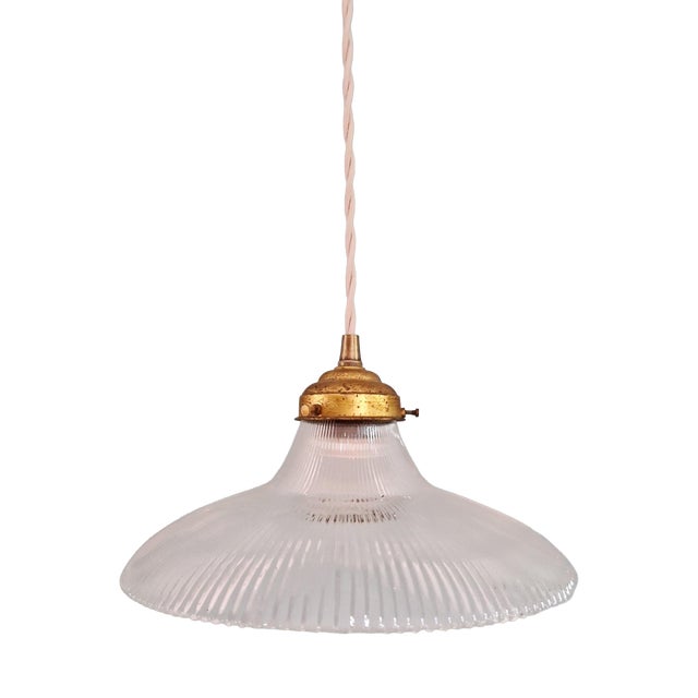 Art Deco Pendant Light in Clear Grooved Glass, 1930 For Sale