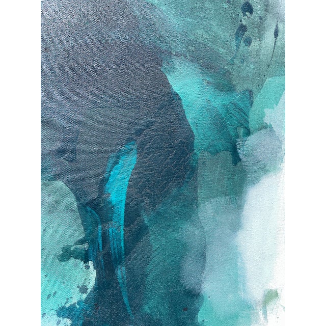 Original Contemporary Abstract Painting in Dark Green, Teal & Soft Blue by American Lyrical Abstractionist Stacey Warnix For Sale - Image 4 of 11