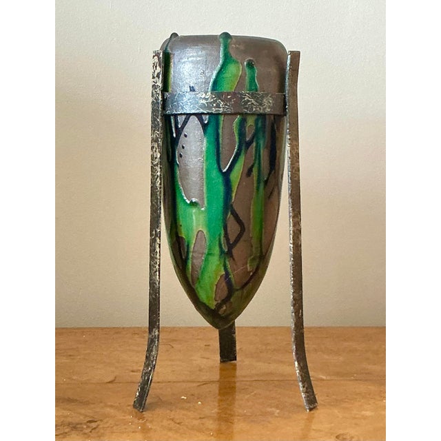 Contemporary Vintage Boho Drip Glaze Vase in Stand For Sale - Image 3 of 7