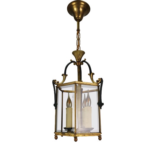 French Neoclassical Style Brass and Beveled Clear Glass Hexagonal Lantern, 1920s For Sale