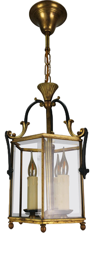 French Neoclassical Style Brass and Beveled Clear Glass Hexagonal Lantern, 1920s