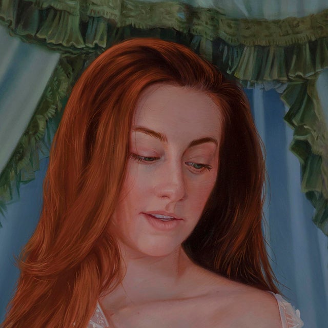Elegance by Pegah Samaie | Oil on panel portrait of a woman in sheer fabric For Sale - Image 4 of 5