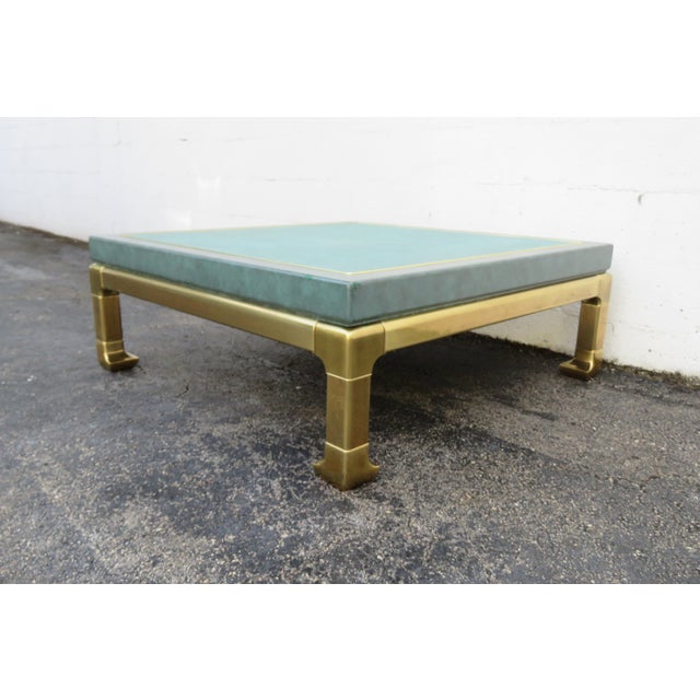Metal 1980s Mastercraft Faux Green Leather and Brass Square Ming Coffee Table 5737 For Sale - Image 7 of 12